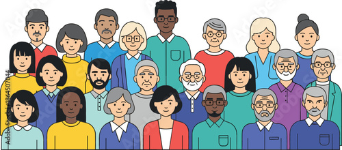 Diverse group of people and multiethnic community of various ages and ethnicities in flat line art style for social diversity concept vector