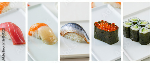 Fresh Sushi Display on White Plates with Assorted Varieties and Colors for Gourmet Cuisine Designs