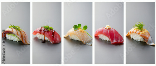 Colorful Sushi Selections with Various Toppings on Rice for Gourmet Presentation
