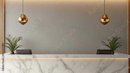 Modern Hotel Lobby Reception Desk with Marble Counter and Warm Lighting.