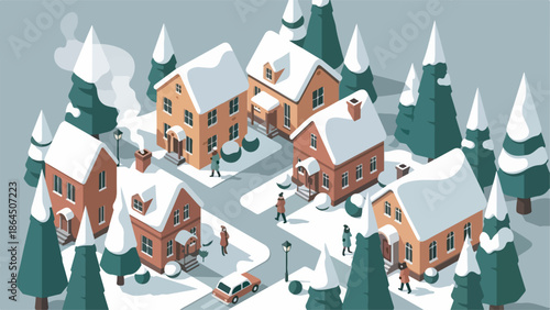 Isometric illustration of a cozy winter village scene with snow-covered houses, pine trees, and people walking on paths.