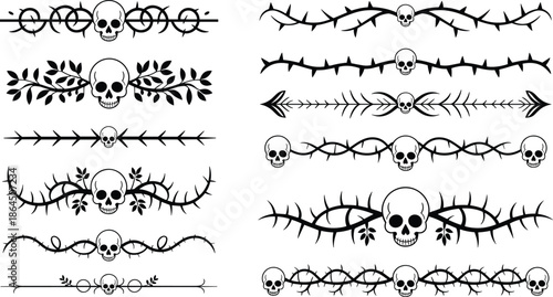 Gothic skull divider ornaments set, thorn vine borders, dark tattoo design elements, black white horror decorative vector collection
