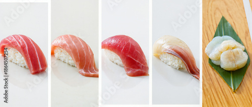 Fresh Sushi Platter with Various Types of Sliced Fish on Rice Against Simple Background