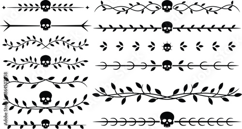 Gothic skull divider ornaments set, thorn vine borders, dark tattoo design elements, black white horror decorative vector collection