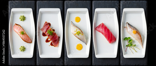 Elegant Presentation of Five Varieties of Sushi on Minimalist White Plates