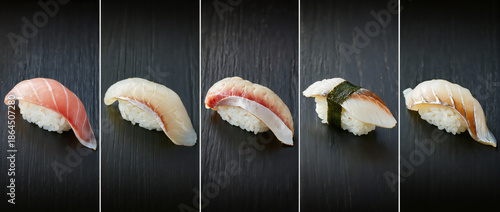 Assorted Sushi Pieces on Black Background Showcasing Different Types of Fresh Seafood