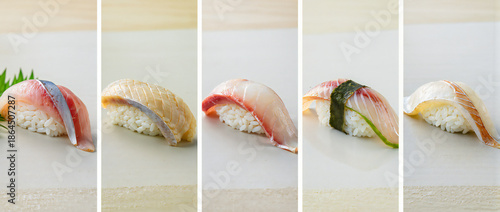 Delicate Sushi Pieces on a Wooden Plate Creating an Artful Culinary Presentation