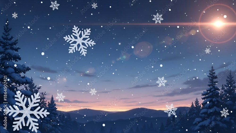 Naklejka premium Enchanting winter scene featuring snow-covered trees and falling snowflakes at dusk