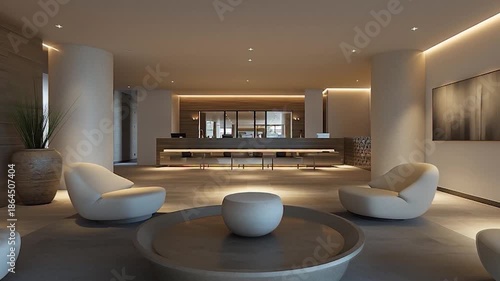Modern Hotel Lobby with Comfortable Seating and Sleek Design.