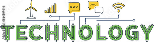 Technology typography word concept with digital icons for connectivity Wi-Fi renewable energy and communication in flat line art style