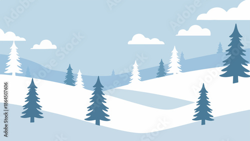 A minimalist flat design illustration of a serene winter landscape with snow-covered hills, evergreen trees, and a light blue sky with clouds.