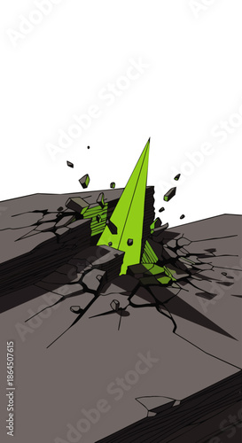 A vibrant green geometric shard erupts from a cracked, dark gray surface, scattering debris into the air.