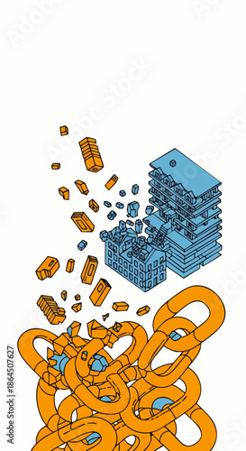 Abstract illustration depicts buildings crumbling and chains breaking apart, symbolizing destruction and collapse.