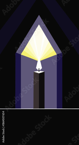 A lone figure stands at the base of a towering dark structure illuminated by a bright, abstract beam of light.