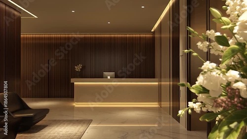 Modern Hotel Lobby with Reception Desk and Flower Arrangement.