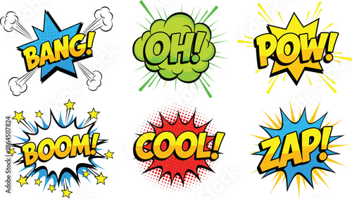 Set of colorful comic book speech bubbles and sound effects with bang boom pow zap words for pop art design concept