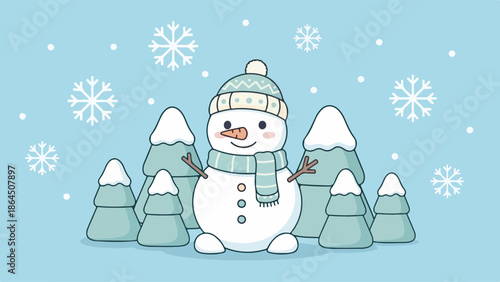 Cute cartoon snowman wearing a hat and scarf, surrounded by snow-covered pine trees with falling snowflakes on a light blue background.