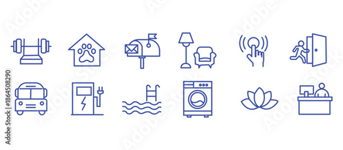 Building amenities icon set. Editable line icons. Vector illustration.