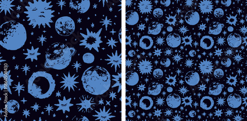 Hand-Drawn Universe Planets and Stars Seamless Pattern