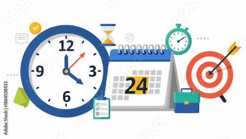 Time Management Illustration - Clock, Calendar, Target, and Stopwatch.