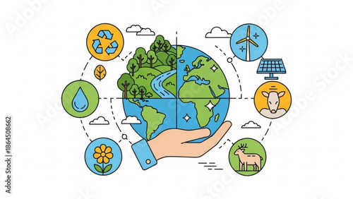 Sustainable Environment Surrounding Globe with Renewable Energy Sources and Eco-Friendly Elements