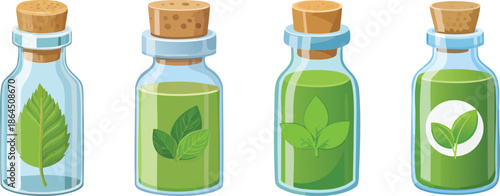 Bottle with cork and botanical leaf symbol illustration natural product packaging eco friendly concept