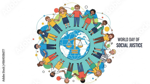 Diverse group of people holding hands around the world symbolizing unity and justice on World Day of Social Justice
