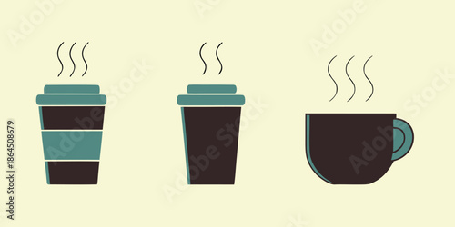 Three stylized hot beverage containers including two disposable coffee cups and one ceramic mug emitting wisps of steam against a plain yellow background illustration