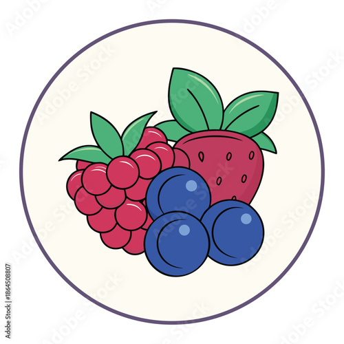 A cluster of fresh berries including raspberries blueberries and a strawberry with green leaves