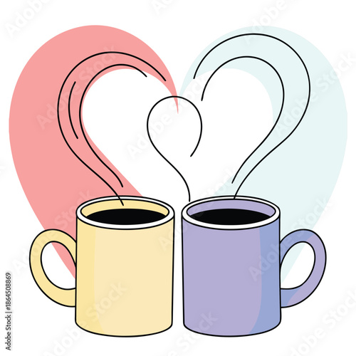 Two steaming coffee mugs forming a heart shape with steam against a soft pastel heart background
