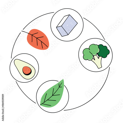 Healthy vegan food ingredients arranged in a circle illustration with avocado broccoli tofu and leafy greens for plant based diet and nutrition concepts