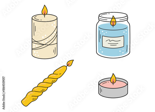 Selection of Scented Decorative Candles in Various Shapes Including Jar Pillars and Tealights for Relaxation and Home Ambiance