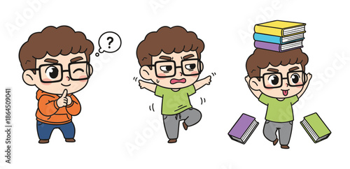 Cartoon Character of a Smart Boy with Glasses Expressing Thinking Nervousness and Achievement with Books for Student Life