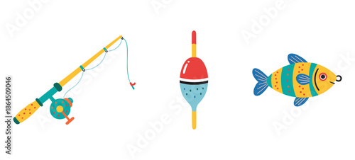 Fishing Equipment Set Including a Rod with Reel Red and Blue Float and a Striped Fish for Recreational Fishing and Hobby Themes