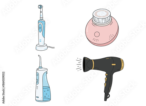 Modern Personal Care Appliances Set Featuring Electric Toothbrush Facial Cleanser Water Flosser and Hair Dryer for Grooming