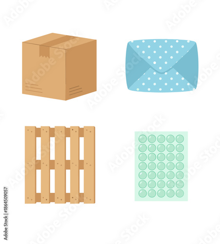 Logistics and Shipping Elements Set Including Cardboard Box Polka Dot Envelope Wooden Pallet and Bubble Wrap for Delivery