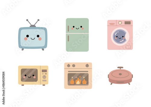 Set of Cute Smiling Household Appliances Including Television Refrigerator Washing Machine Microwave Oven and Vacuum Robot