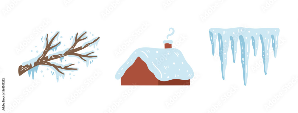 Fototapeta premium Winter Season Concept Illustrations Set with Snow Covered Tree Branch Small House with Chimney and Hanging Icicles Vector Design