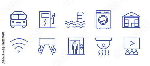 Building amenities icon set. Editable line icons. Vector illustration.