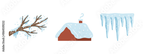 Winter Season Concept Illustrations Set with Snow Covered Tree Branch Small House with Chimney and Hanging Icicles Vector Design