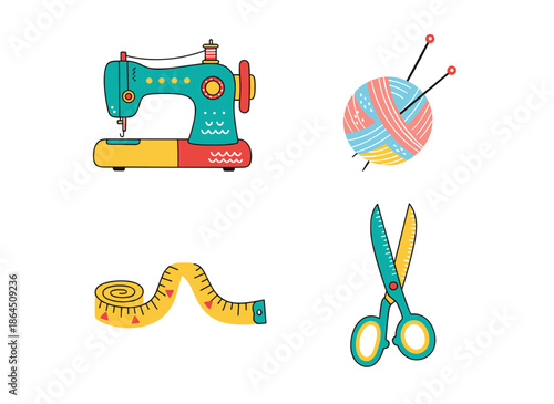 Sewing and Handicraft Tools Set Featuring Sewing Machine Ball of Yarn with Knitting Needles Measuring Tape and Scissors Illustration