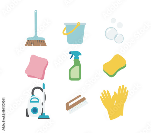 House cleaning equipment set with broom bucket bubbles sponge spray bottle vacuum cleaner brush and yellow gloves icons