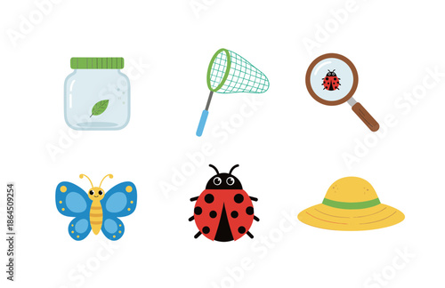 Nature exploration kit for kids with butterfly net magnifying glass ladybug jar and sun hat icons for summer outdoor activity