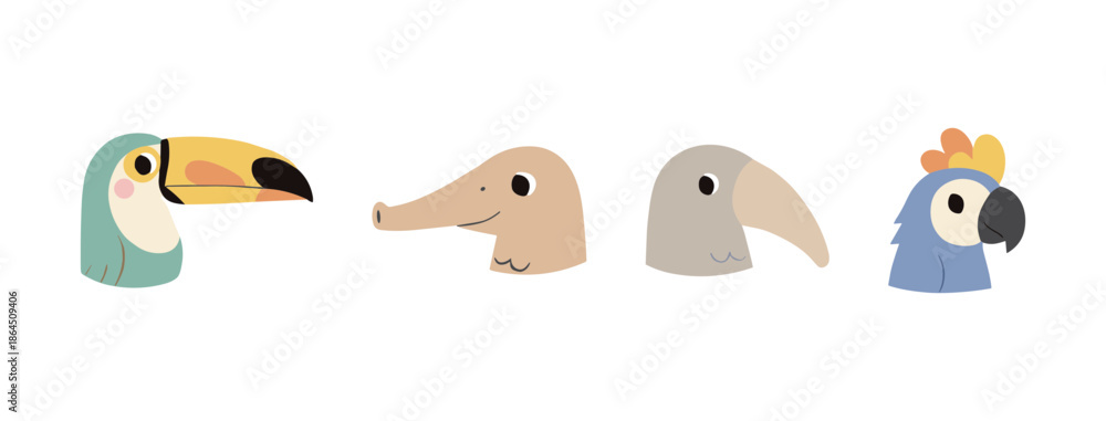 Fototapeta premium Set of Exotic Bird and Animal Heads Featuring Toucan Anteater and Parrot for Tropical Nature and Wildlife Conservation Design Projects