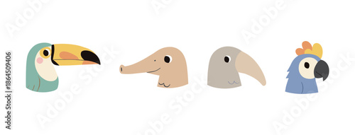 Set of Exotic Bird and Animal Heads Featuring Toucan Anteater and Parrot for Tropical Nature and Wildlife Conservation Design Projects