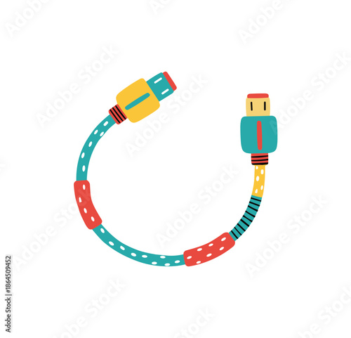 Colorful Flat Vector Illustration of USB Charger Cable for Electronic Devices Connection Isolated on White Background for Technology Design