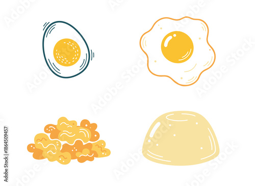 Various Styles of Cooked Eggs Set Including Boiled Fried Scrambled and Poached Egg Vector Illustration for Healthy Breakfast Menu Design