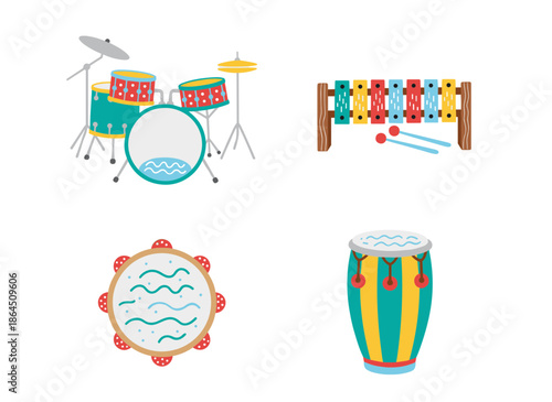 Percussion Musical Instruments Set with Drum Kit Xylophone Tambourine and Conga Drum Flat Vector Illustration for Music Education