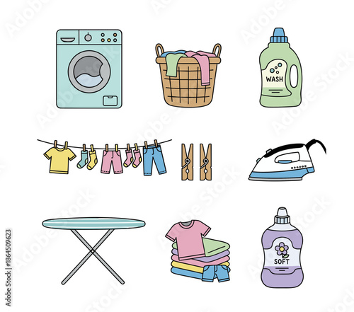 Laundry Service and Clothing Care Icons Set with Washing Machine Basket Ironing Board Detergent and Clean Clothes Vector Collection