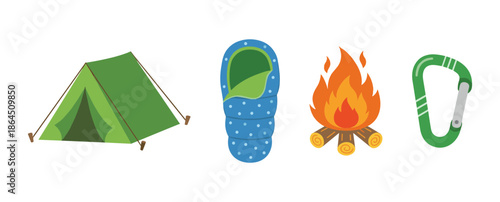 Outdoor Camping and Hiking Equipment Set with Green Tent Blue Sleeping Bag Campfire and Metal Carabiner Hook for Adventure